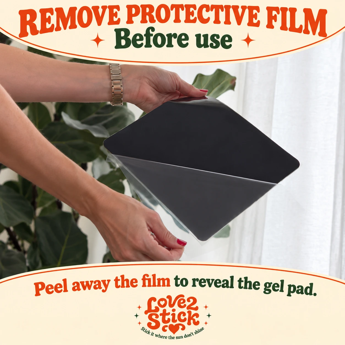 Peeling the protective film off a Black Love2Stick Nano Gel Grip Pad before use