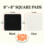 8 x 8-inch square Love2Stick Nano Gel Grip Pads, shown in Black and Clear