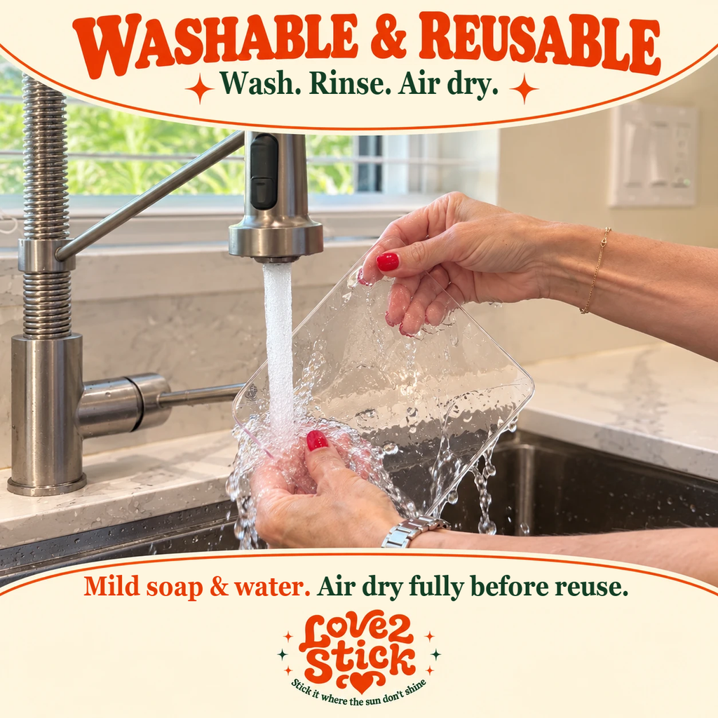 Washing a clear Love2Stick Nano Gel Grip Pad at the sink: wash with mild soap and water, rinse, and air dry fully before reuse