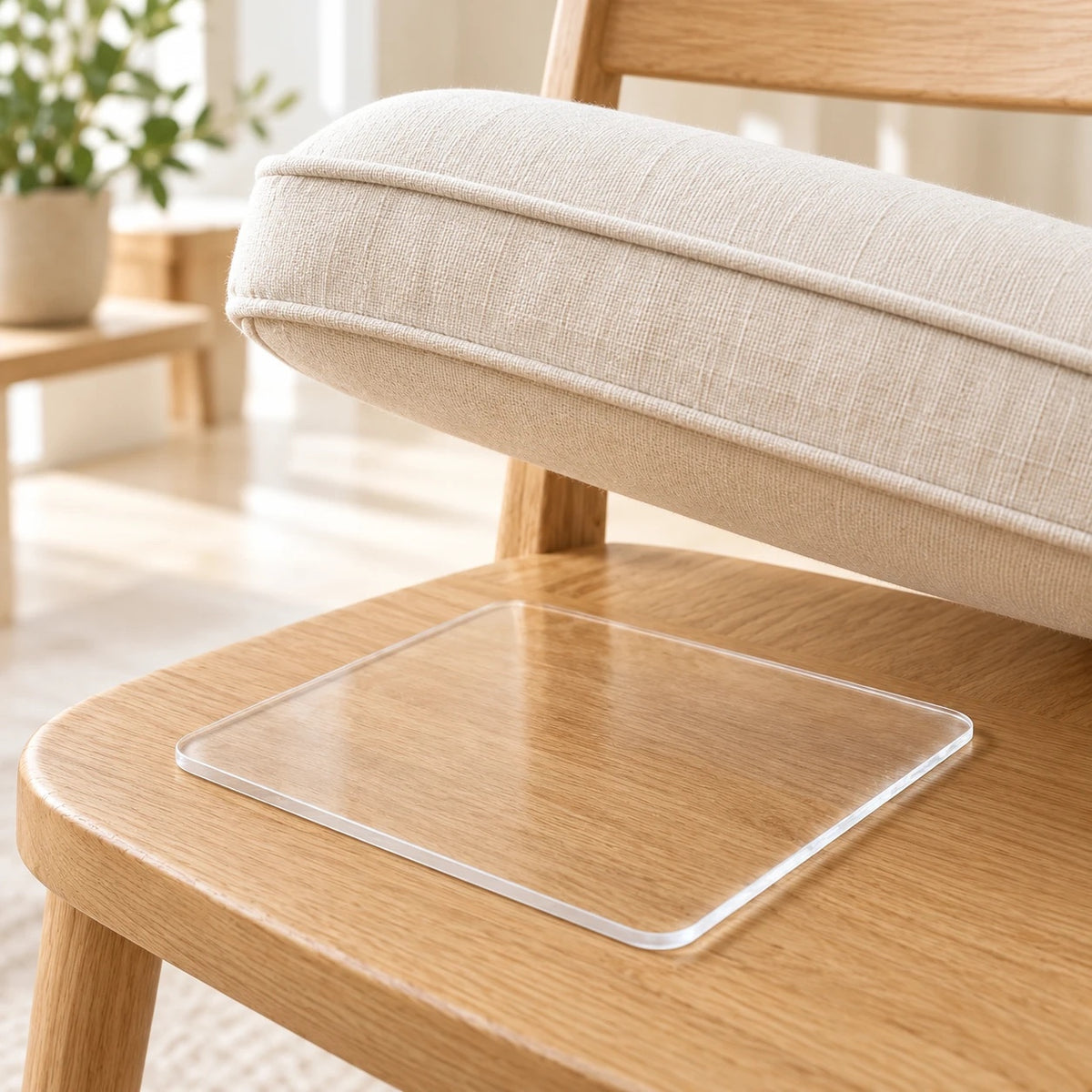 Ivory seat cushion lifted above a clear 8 x 8-inch Love2Stick grip pad on a light oak chair seat, showing where the pad goes