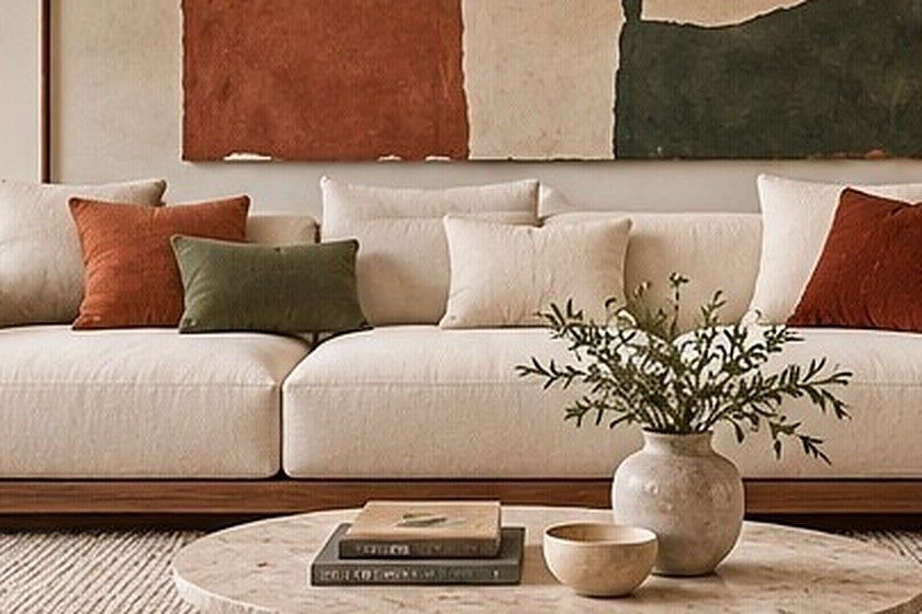 Ivory sofa with seat cushions on a walnut base